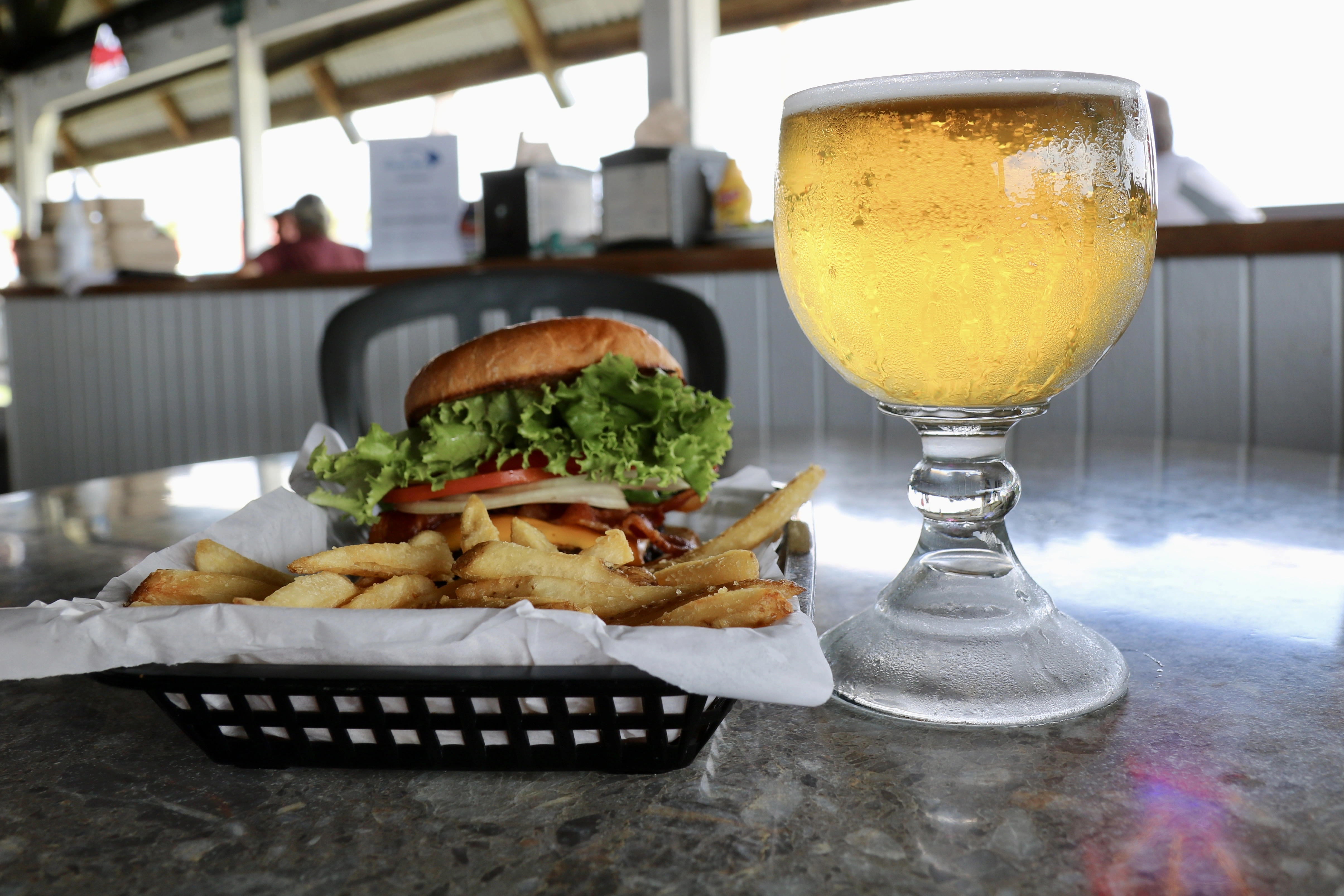Beer with a hamburger